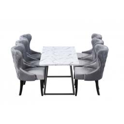 Toga Mayfair LUX Dining Table Set - Toga Extendable White Dining Table w/ a Set of 6 Mayfair LUX Velvet Dining Chairs - Dark Grey