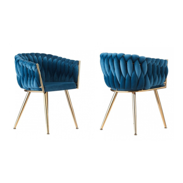 Roma Knot LUX Velvet Dining Chair - Plush Upholstery with Gold Frame - Blue / Set of 2