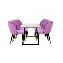 Milano Toga Extendable Dining Set - a White Extendable Dining Table & 6 Dining Chairs with Gold End Caps - Purple