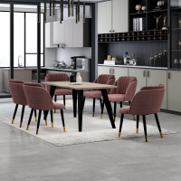 Milano Duke LUX Dining Set - a Light Walunt Dining Table & 6 Velvet Dining Chairs with Gold End Caps - Pink
