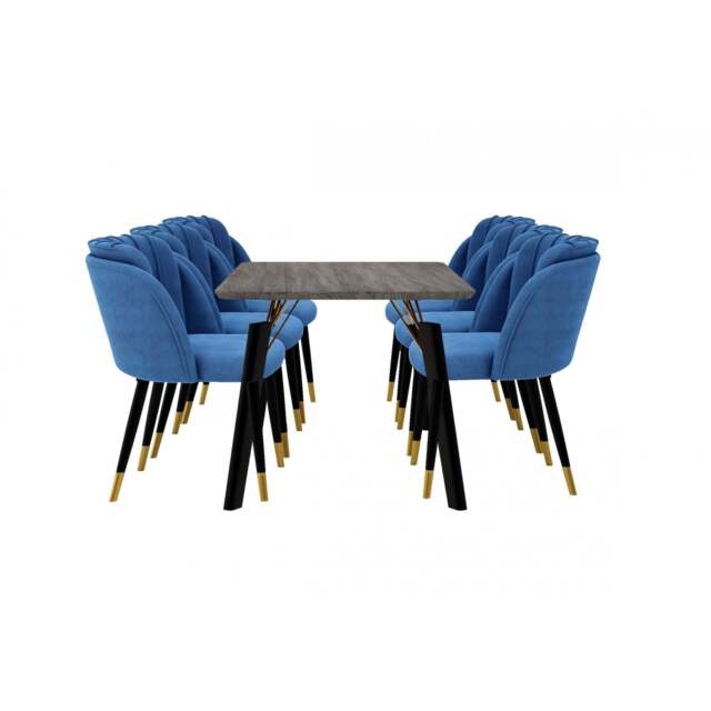 Milano Cosmo LUX Dining Set - a Black DAining Table & 6 Dining Chairs with Gold End Caps - Blue