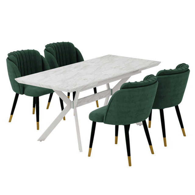 Milano Blaze LUX Dining Set - a White EXTENDABLE Dining Table & 4 Velvet Dining Chairs with Gold End Caps - Green