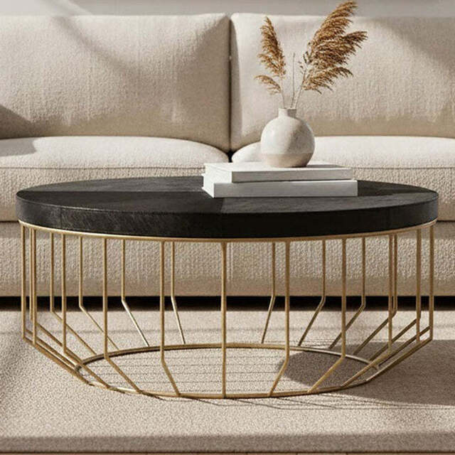 Black Hair-On-Hide Leather Round Top Coffee Table with Geometric Gold Metal Frame, Kensington Townhouse - image 1