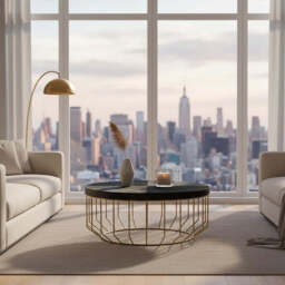 Black Hair-On-Hide Leather Round Top Coffee Table with Geometric Gold Metal Frame, Kensington Townhouse - thumbnail 3