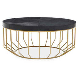 Black Hair-On-Hide Leather Round Top Coffee Table with Geometric Gold Metal Frame, Kensington Townhouse - thumbnail 2