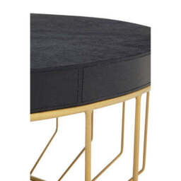 Black Hair-On-Hide Leather Round Top Coffee Table with Geometric Gold Metal Frame, Kensington Townhouse - thumbnail 6