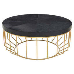 Black Hair-On-Hide Leather Round Top Coffee Table with Geometric Gold Metal Frame, Kensington Townhouse - thumbnail 4