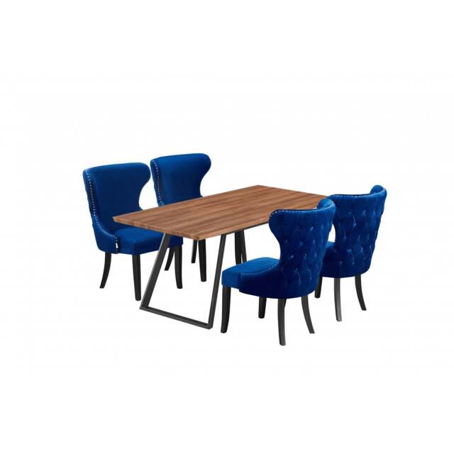 Toga Mayfair LUX Dining Set - Toga Extendable Walnut Dining Table w/ a Set of 4 Mayfair LUX Velvet Dining Chairs - Royal Blue