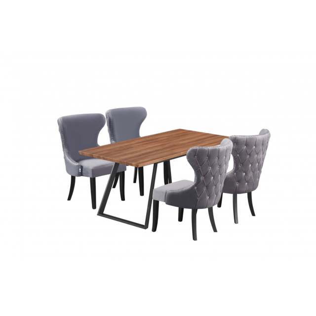 Toga Mayfair LUX Dining Set - Toga Extendable Walnut Dining Table w/ a Set of 4 Mayfair LUX Velvet Dining Chairs - Dark Grey