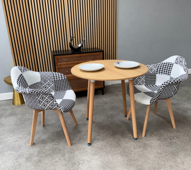 Patchwork Halo Dining Table Set - Set of 2 Black and White Patchwork Retro Armchairs & a Halo Dining Table - Wood