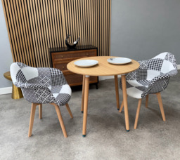 Patchwork Halo Dining Table Set - Set of 2 Black and White Patchwork Retro Armchairs & a Halo Dining Table - Wood