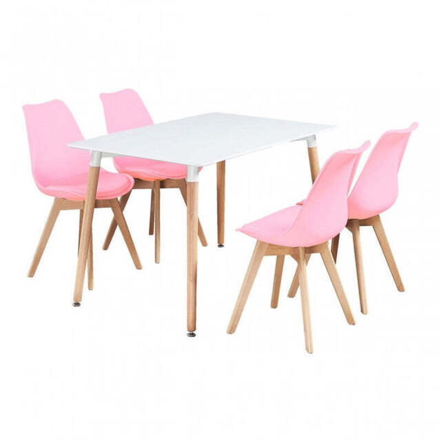 White Halo Dining Table & Set of 4 Lorenzo Jamie Tulip Dining Chairs with Padded Seat - Pink