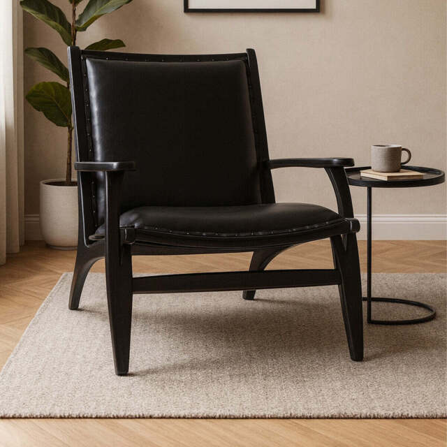 Kendari Black Leather and Teak Wood Chair with Stud Detail - image 1
