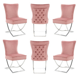 Trafalgar Tufted Velvet Dining Chair – Diamond Back & Chrome Silver Legs - Set of 6 / Pink