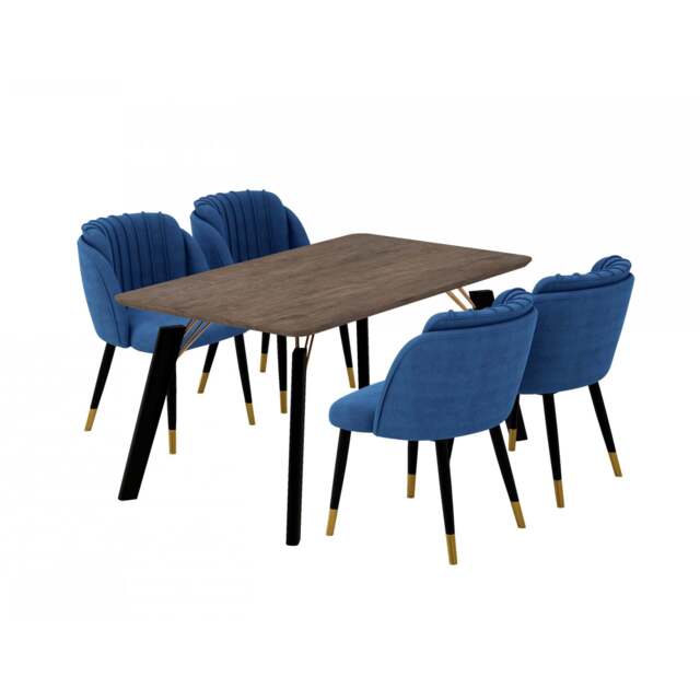 Milano Cosmo LUX Dining Set - a Walnut Dining Table & 4 Dining Chairs with Gold End Caps - Blue
