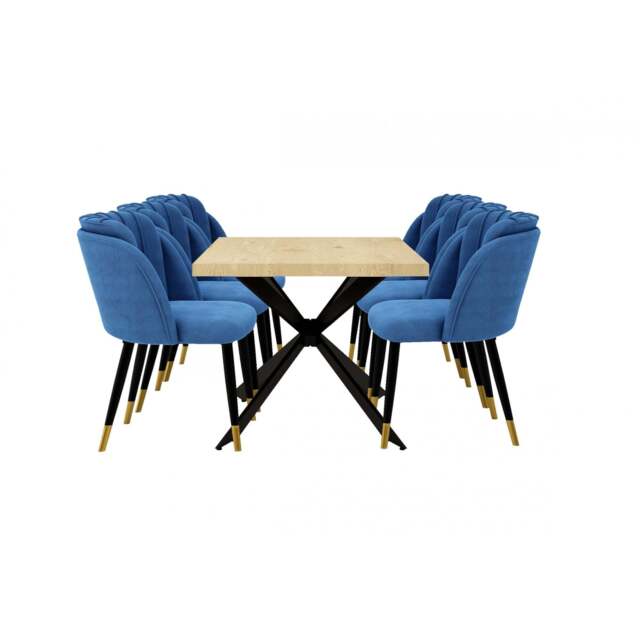 Milano Duke LUX Dining Set - a Oak Dining Table & 6 Dining Chairs with Gold End Caps - Blue