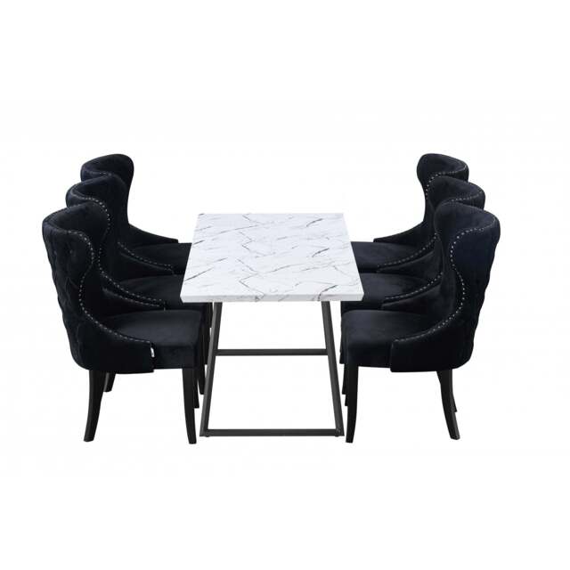 Toga Mayfair LUX Dining Table Set - Toga Extendable White Dining Table w/ a Set of 6 Mayfair LUX Velvet Dining Chairs - Black