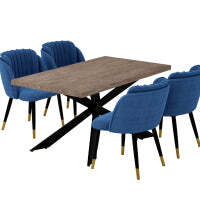 Milano Duke LUX Dining Set - a Walnut Dining Table & 4 Velvet Dining Chairs with Silver End Caps - Blue