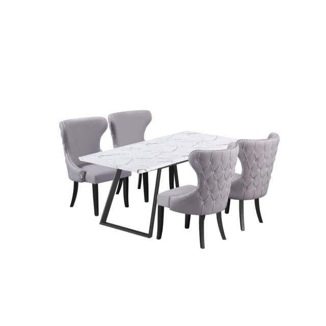 Toga Mayfair LUX Dining Set - Toga Extendable White Dining Table w/ a Set of 4 Mayfair LUX Velvet Dining Chairs - Light Grey / White