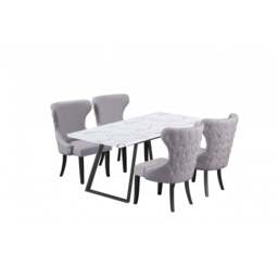 Toga Mayfair LUX Dining Set - Toga Extendable White Dining Table w/ a Set of 4 Mayfair LUX Velvet Dining Chairs - Light Grey / White
