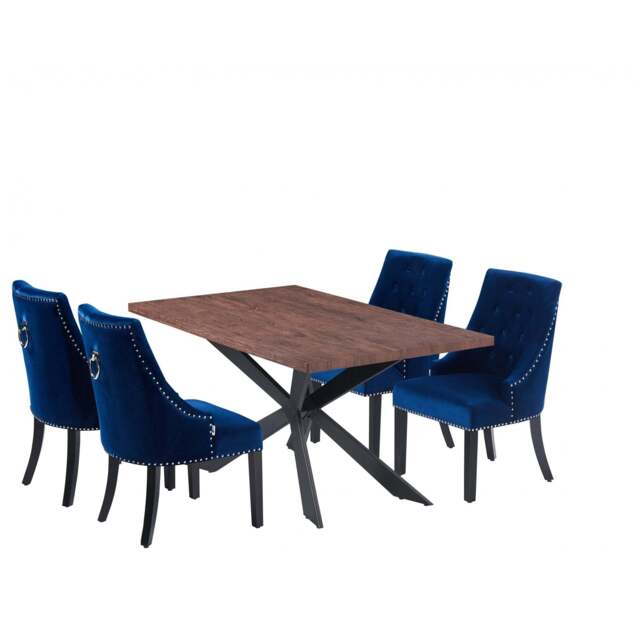 Windsor Duke Lux Dining Set - A Walnut Table with Set of 4 Dining Chairs - Blue