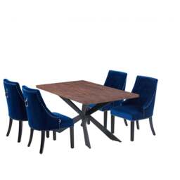 Windsor Duke Lux Dining Set - A Walnut Table with Set of 4 Dining Chairs - Blue