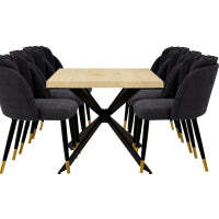 Milano Duke LUX Dining Set - a Oak Dining Table & 6 Dining Chairs with Gold End Caps - Black