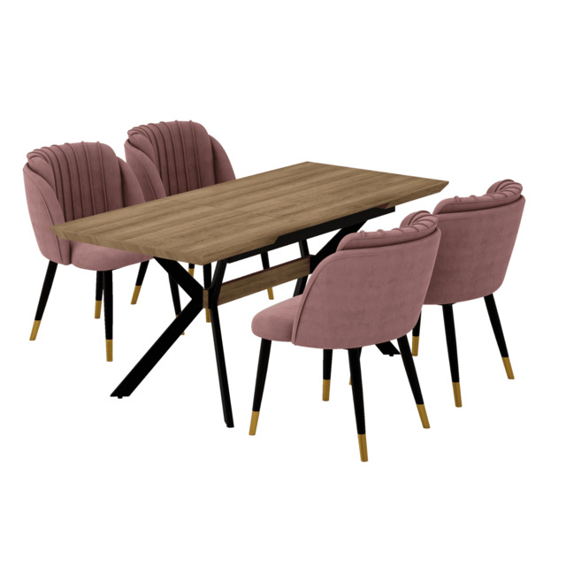 Milano Blaze LUX Extendable Dining Set - a Walnut Extendable Dining Table & 4 Velvet Dining Chairs with Gold End Caps - Pink