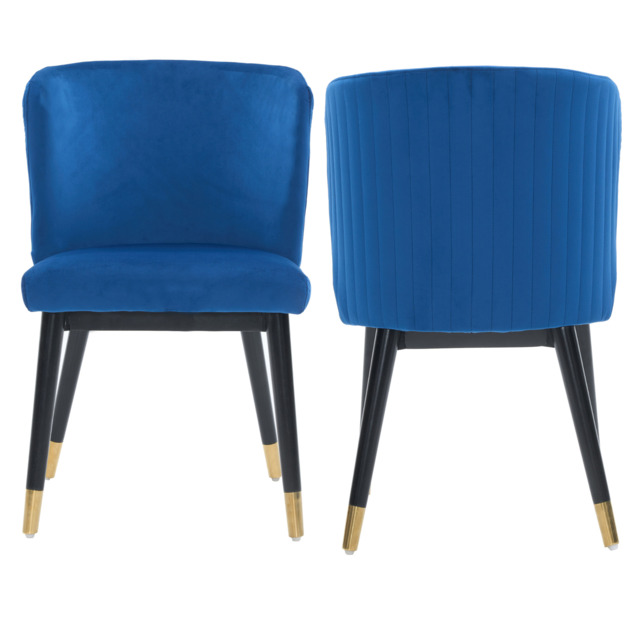 Sofina Modern Velvet Dining Chair with Tufted Back – Wooden Frame & Gold-Tipped Rubberwood Legs - Blue / Set of 2