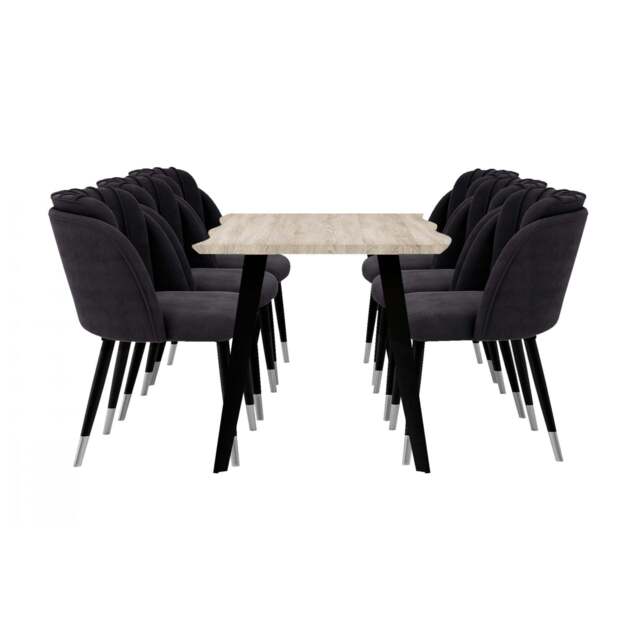 Milano Duke LUX Dining Set - a Light Walunt Dining Table & 6 Velvet Dining Chairs with Silver End Caps - image 1