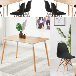 Halo Dining Table and Ghost Chair Set for 4 - Eiffel Plastic Chairs and a Rectangle Dining Table - Black / Oak