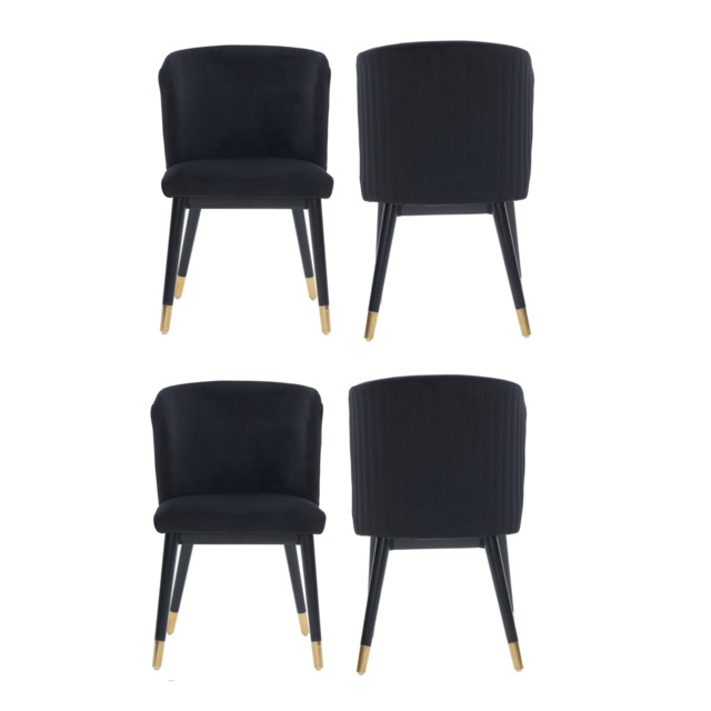 Sofina Modern Velvet Dining Chair with Tufted Back – Wooden Frame & Gold-Tipped Rubberwood Legs - Black / Set of 4