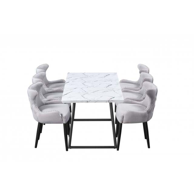 Toga Oxford LUX Dining Set - Toga Extendable White Dining Table w/ a Set of 6 Oxford LUX Velvet Dining Chairs - Light Grey