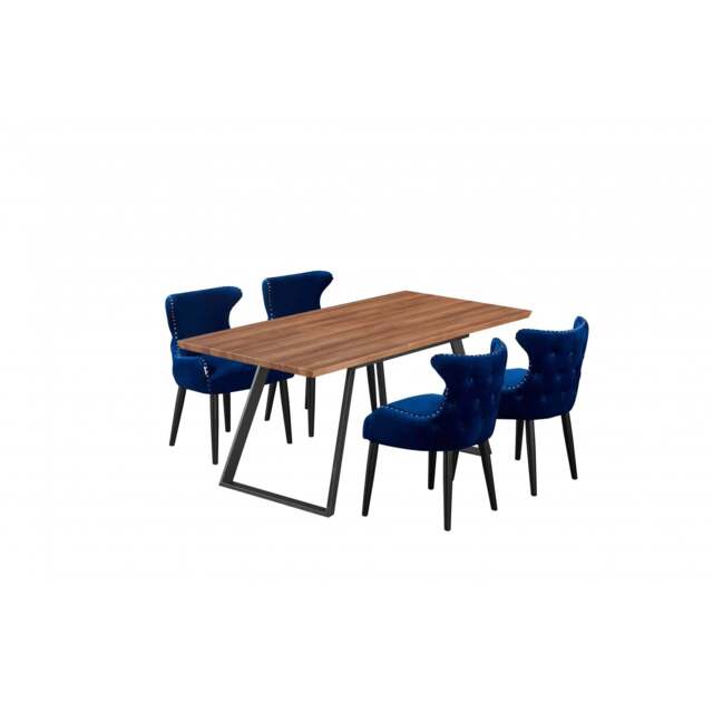 Toga Oxford LUX Dining Set - Toga Extendable Walnut Dining Table w/ a Set of 4 Oxford LUX Velvet Dining Chairs - Blue