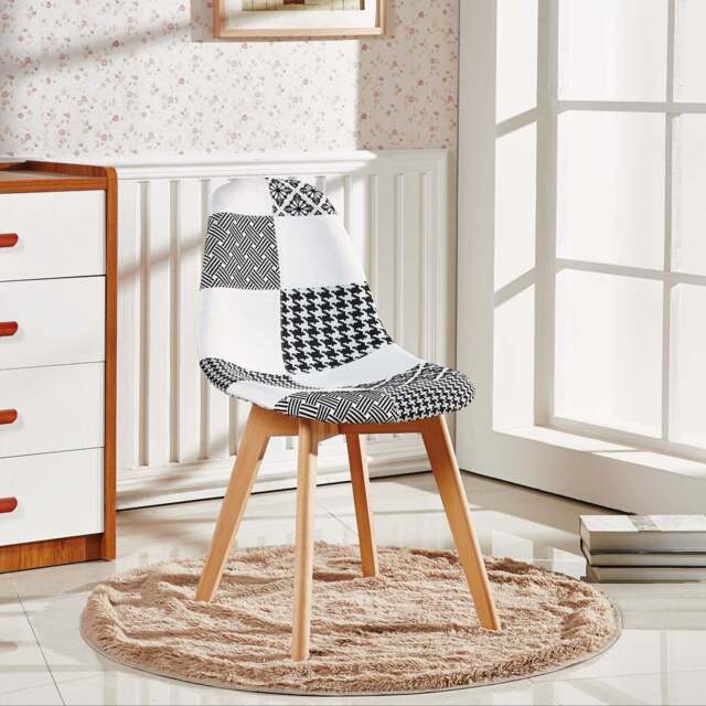 Patchwork Fabric Chair with Wooden Legs - Black and White - Single