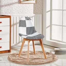 Patchwork Fabric Chair with Wooden Legs - Black and White - Single