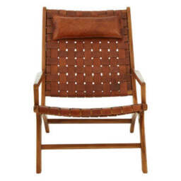 Kendari Brown Woven Leather and Teak Wood Chair with Head Cushion