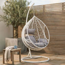 White Rattan Effect Hanging Chair with Grey Cushions - Goa - thumbnail 6
