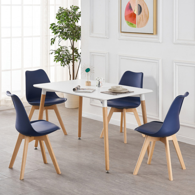 White Halo Dining Table & Set of 4 Lorenzo Jamie Tulip Dining Chairs with Padded Seat - Royal Blue