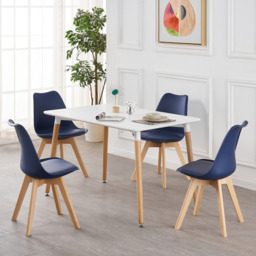 White Halo Dining Table & Set of 4 Lorenzo Jamie Tulip Dining Chairs with Padded Seat - Royal Blue