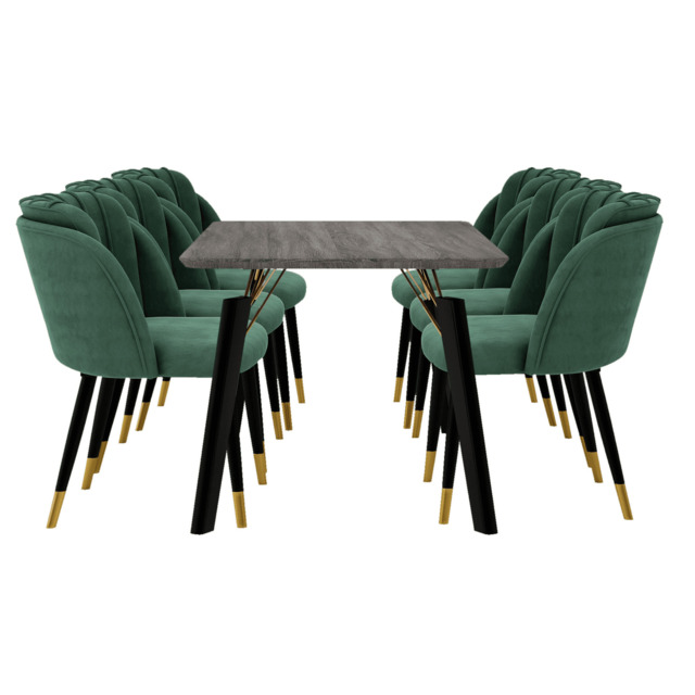 Milano Cosmo LUX Dining Set - a Black DAining Table & 6 Dining Chairs with Gold End Caps - Green