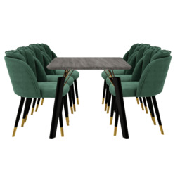 Milano Cosmo LUX Dining Set - a Black DAining Table & 6 Dining Chairs with Gold End Caps - Green