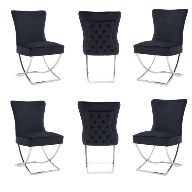 Trafalgar Tufted Velvet Dining Chair – Diamond Back & Chrome Silver Legs - Set of 6 / Black
