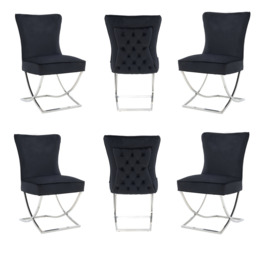 Trafalgar Tufted Velvet Dining Chair – Diamond Back & Chrome Silver Legs - Set of 6 / Black