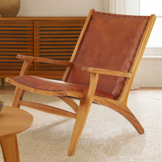 Kendari Brown Leather and Teak Wood Chair with Stud Detail - image 1