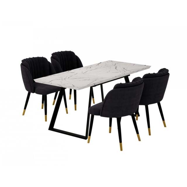 Milano Toga Extendable Dining Set - a White Extendable Dining Table & 4 Dining Chairs with Gold End Caps - Black