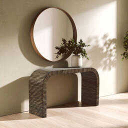 Natural Bamboo Inlay Curved Console Table with Sculptural Striped Design, Bambusa - thumbnail 3