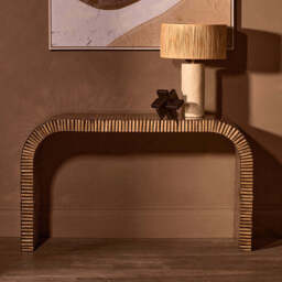 Natural Bamboo Inlay Curved Console Table with Sculptural Striped Design, Bambusa - thumbnail 1