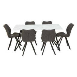 White Marble Effect Top and Metal Legs Dining Table with Faux Leather 6 Grey Chairs Set, Weston - thumbnail 2
