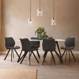 White Marble Effect Top and Metal Legs Dining Table with Faux Leather 6 Grey Chairs Set, Weston - thumbnail 1